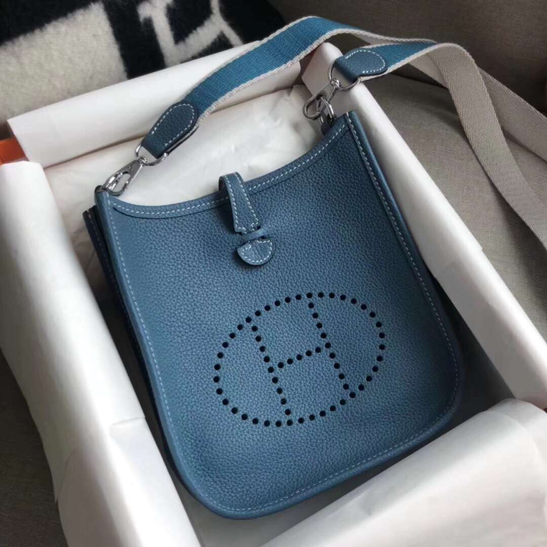 Hermes Evelyne 16 Amazone TPM Shoulder Bag In Blue Jean Clemence Leather